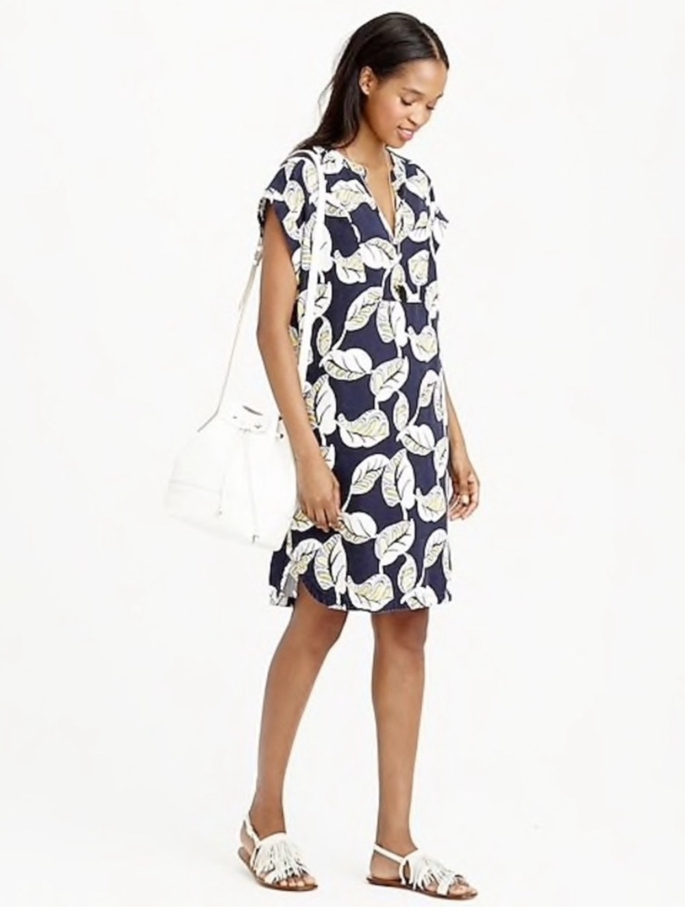 J.CREW Linen Blend Cap Sleeve Dress Tropical Frond Print